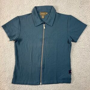Calvin Klein Zip Cardigan Juniors M Bluestone Teal Waffle Knit Short Sleeve VTG